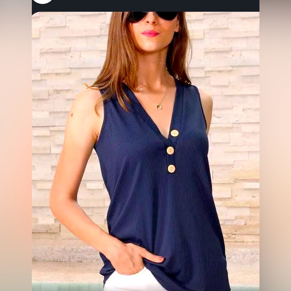 navy v-neck tank with buttons